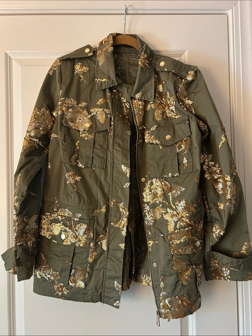 Olive Green Military Jacket with Gold Foil Detail women's